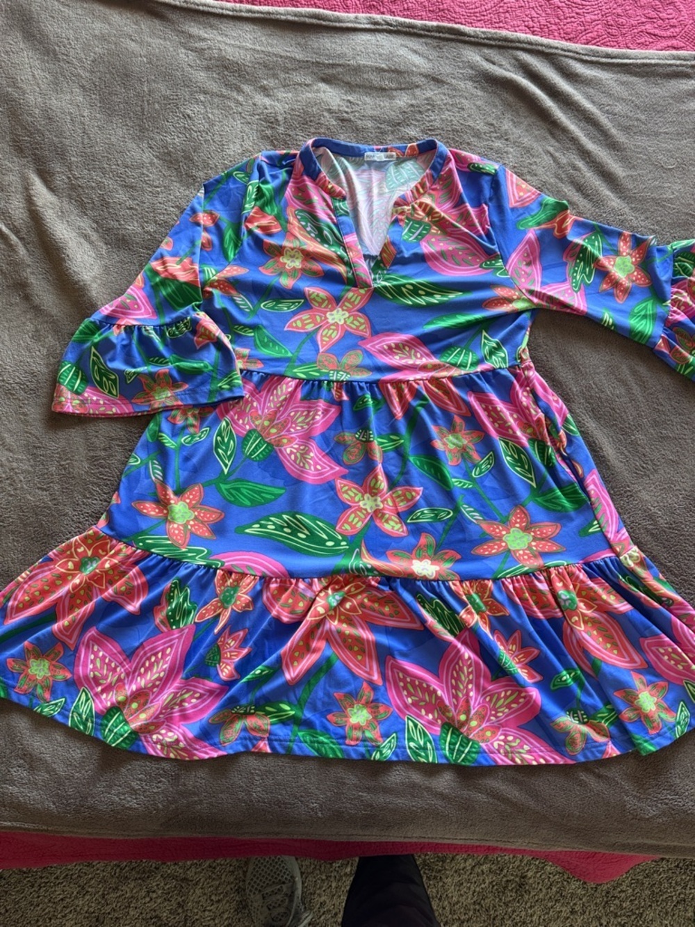 Mary Square Woman’s Boho chic Vibrant Blue Floral Long Sleeve Babydoll Dress - Picture 8 of 11
